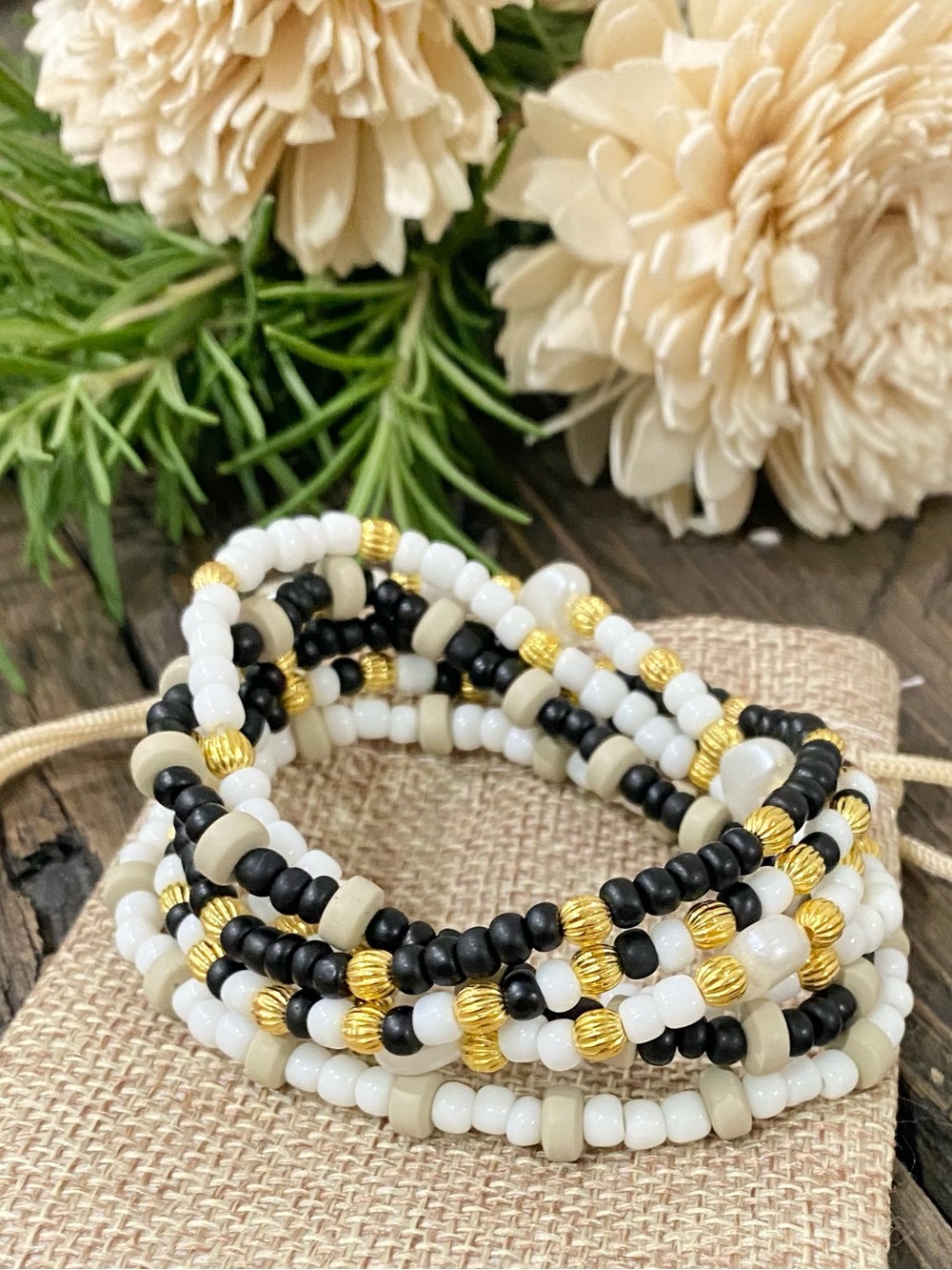 Black, White & Gold Beaded Wrap Bracelet